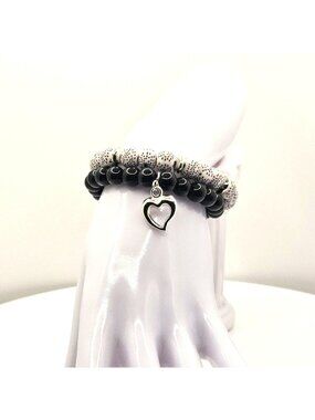 Black White Bracelet Stack Women Neutral Jewelry Heart Charm Bracelet Set